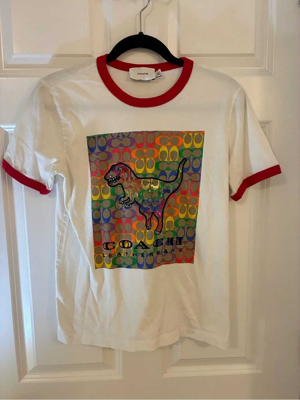 Coach Rexy White Rainbow 🌈 Tee with Red Trim & Dino Graphic
